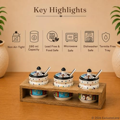 Image 5 of ExclusiveLane Hut Handpainted Ceramic Pickle Jars with Spoon & Wooden Holder Set of 3 280 ML