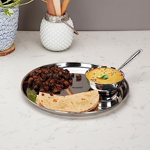 Image 3 of Sumeet Stainless Steel Heavy Gauge Mirror Finish Dinner Solid Set of 3 Pcs (1 Plate, 1 Bowl/Wati, 1 Spoon), Silver