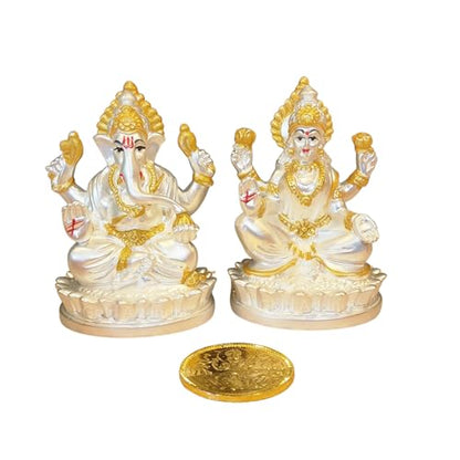 Image 3 of Gold Art India Oval Kamal Laxmi Ganesha Silver Matte Idol for Home with Golden Jewelry and Gold Plated Coin 3" Inch