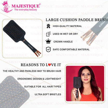 Image 6 of Majestique Crown Series Paddle Brush with A Large Cushion HR152, Smoothing Detangling