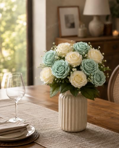 Image 6 of Divyakosh Artificial Rose Flower Bouquet 10 Rose (5 Sage Green + 5 Ivory White Roses) with Green Leaves | Faux Flowers for Home Decor, Living Room, Office, Bedroom| Vase Not Included