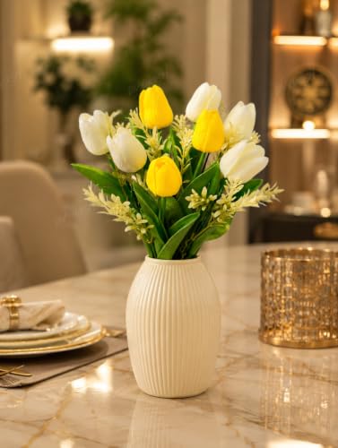 Image 4 of Divyakosh Artificial Flowers Bunch (Vase Not Included). Artificial Flower for Vase Flower Bouquet Gift, 8 Artificial Tulips (5 Ivory White & 3 Soft Yellow), Home Deﾌ…or for Living Room