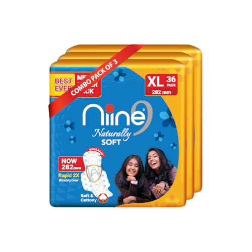 Image 3 of 36 Count (Pack of 3) for the product Niine Naturally Soft XL Sanitary Pads for Women | 282mm Long | Cottony Soft Top Cover | Anti Leak Lock Channel| 2X Absorbent| for Heavy Flow| 36 Pads