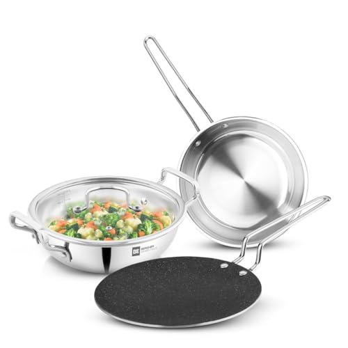 Image 1 of Default Title for the product BERGNER BE Essentials TriPly 4 Pcs Stainless Steel Cookware Set - 24cm (3.1L) Kadai, 24cm (1.5L) Frypan, Common Flat Glass Lid, 26cm Non-Stick Roti Tawa