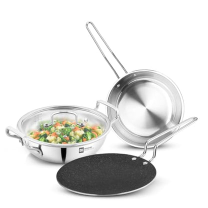Image 1 of Default Title for the product BERGNER BE Essentials TriPly 4 Pcs Stainless Steel Cookware Set - 24cm (3.1L) Kadai, 24cm (1.5L) Frypan, Common Flat Glass Lid, 26cm Non-Stick Roti Tawa
