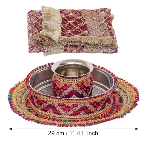 Image 5 of eCraftIndia Brown and Golden Decorative Handcrafted Stainless Steel Karwa Chauth Pooja Thali Set with Plate, Chalni, Lota & Chunri