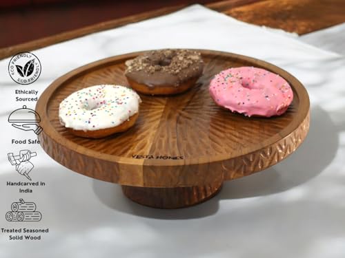 Image 4 of Vesta Homes Large Round Acacia Wooden Cake Stand, Pizza Stand & Charcuterie Board | Diameter - 12 inch, Height - 4 inch