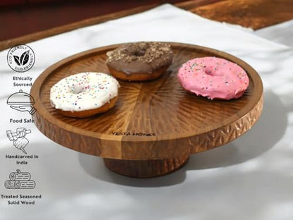 Image 4 of Vesta Homes Large Round Acacia Wooden Cake Stand, Pizza Stand & Charcuterie Board | Diameter - 12 inch, Height - 4 inch