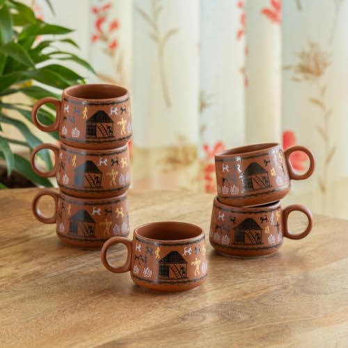 Image 1 of Default Title for the product ExclusiveLane Warli Village Tales Ceramic Tea Cups Set of 6 (150 ml)