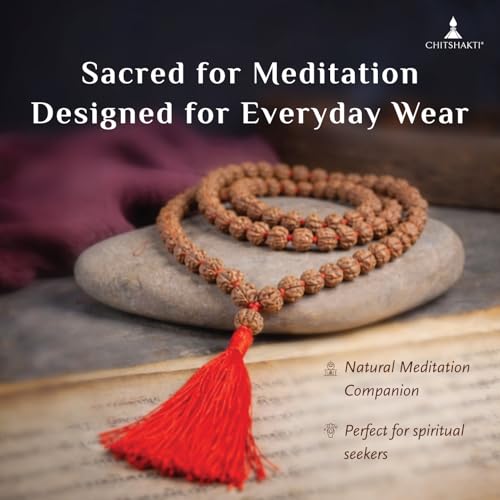 Image 4 of Chitshakti Rudraksha mala 108 +1 Beads Original | Sacred 108 + 1 Rudraksha Meditation Mala | Natural 9 mm Beads with 9 mm Guru Bead | Traditional Hand-Knotted Japa Mala with Red Tassel | Red