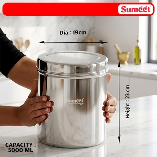 Image 4 of Sumeet Stainless Steel Large Dabba/Canisters/Vertical Storage Container for Kitchen, 19cm Dia - 5000ml - (5Kg to 5.5Kg Approx)