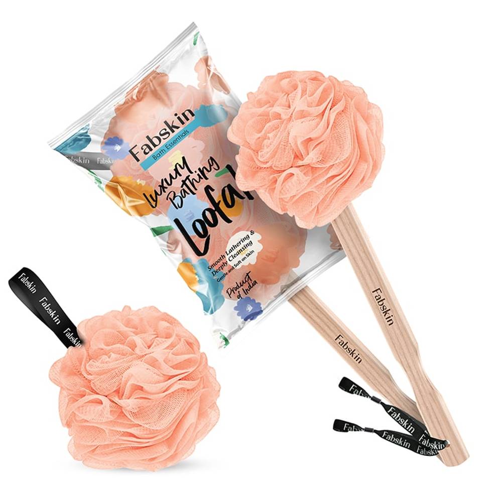 Image 1 of 1 Pc / Pack of 1 for the product Fabskin Loofah Duo Pack - Bath Brush With Wooden Handle & Round Loofah - For Men & Women-Peach