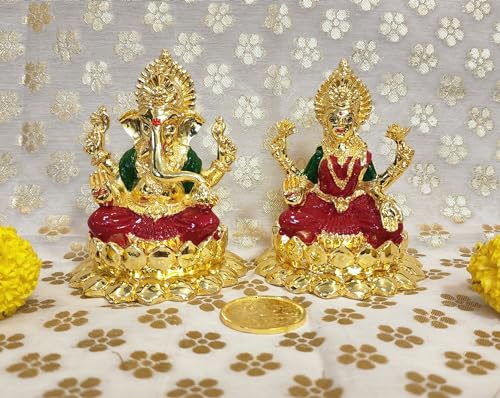 Image 5 of Gold Art India Kamal Laxmi Ganesha Gold Plated Idol with Enamel Color and Gold Plated Coin (4" Inch)