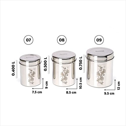 Image 5 of Sumeet Designer Stainless Steel Vertical Canisters/Ubha Dabba/Storage Containers Set of 3Pc (400ml,500ml,750ml), Silver