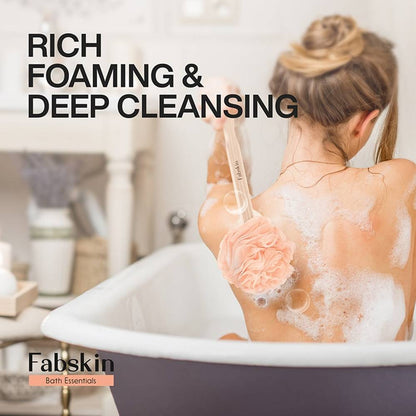 Image 4 of Fabskin Loofah Duo Pack - Bath Brush With Wooden Handle & Round Loofah - For Men & Women-Peach