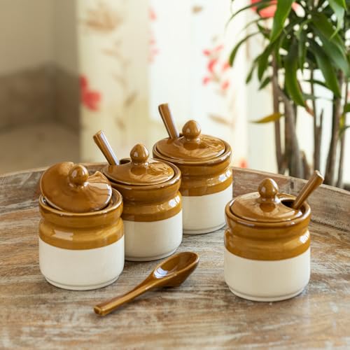 Image 1 of Default Title for the product ExclusiveLane 'Barni Tales' Ceramic Pickle Jars for Dining Table With Spoon (Set Of 4, Non-Airtight, 270 ml, Hand-Glazed) | Pickle Jar With Spoon Achar Jar Set Achar Container Set for Dining Table|