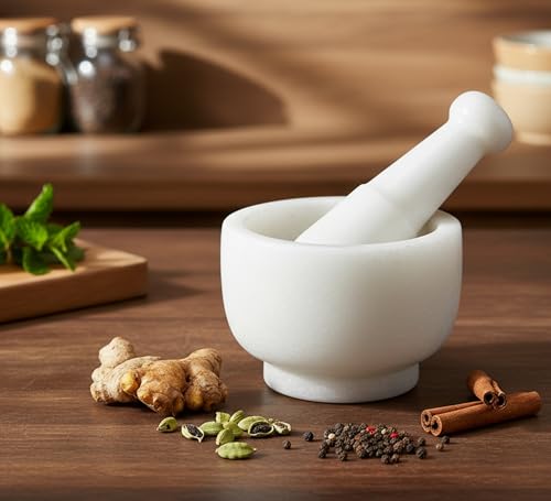 Image 1 of Default Title for the product KLEO White Marble Stone Mortar and Pestle Set 5" Diameter