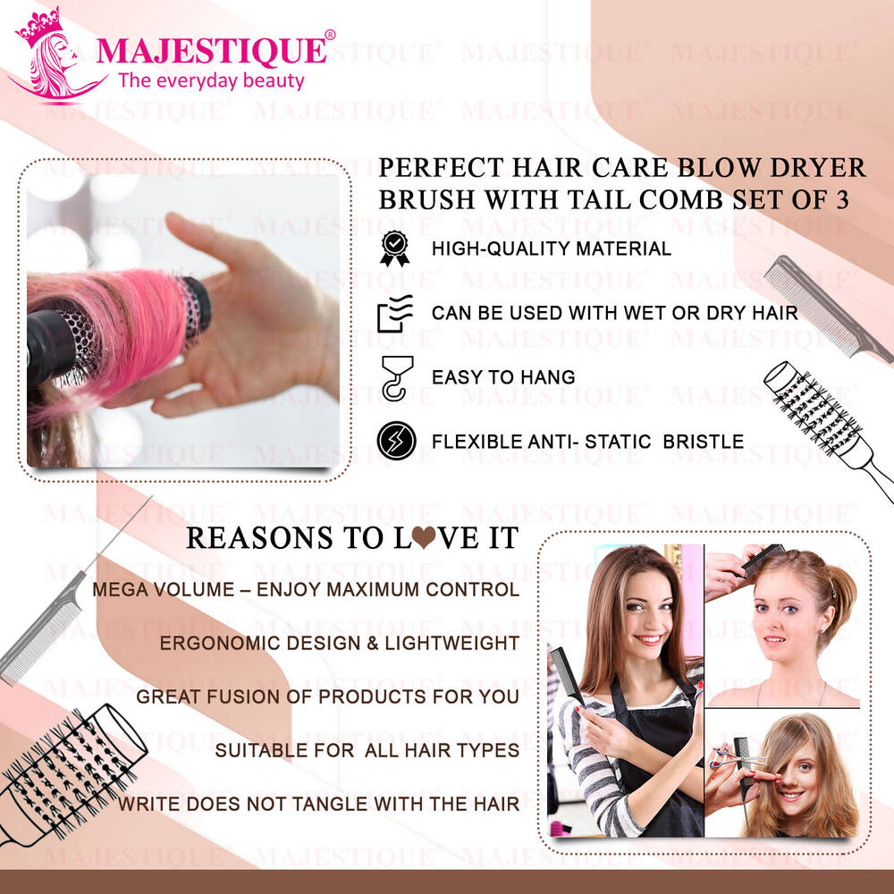 Image 3 of Majestique Blow Dry Hair Roller Brushes And Tail Comb - Set Of 3