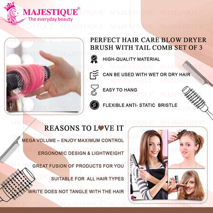 Image 3 of Majestique Blow Dry Hair Roller Brushes And Tail Comb - Set Of 3