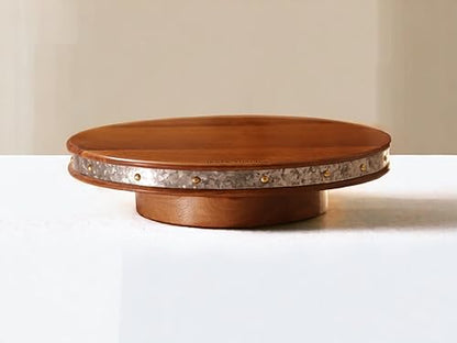 Image 3 of Vesta Homes Large Round Wooden 360 degree Rotating Cake Stand, Pizza Stand, Dessert Platter, Stand for Dining Table | Diameter - 12 inch, Height - 3 inch