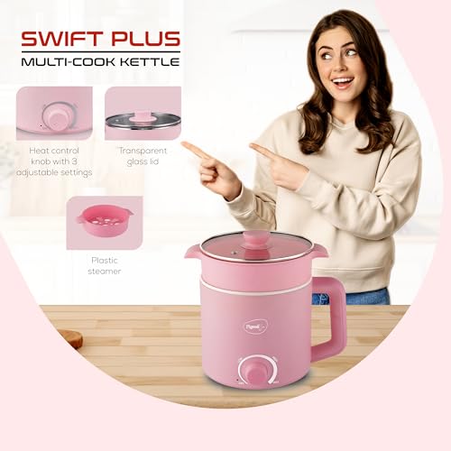 Image 5 of Pigeon By Stovekraft Swift Plus Multi-Cook Kettle 1.5L, With Steamer, Egg Rack - Pink | Black | Double Layered | Food Grade Stainless Steel Inner Wall | Glass Lid | Auto Shut-Off, 600 Watts