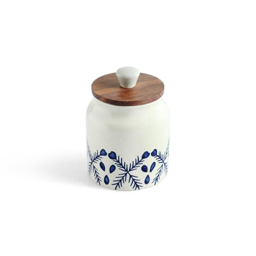 Image 3 of ExclusiveLane 'Royal Mughal' Multi-Utility Airtight Ceramic Jars For Kitchen Storage With Wooden Lid Ceramic Containers For Pickle Cookies Sugar Dry Fruits (Airtight, 380 ML, Hand-Painted, 13.4 Cm)