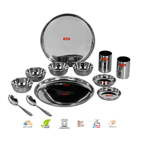 Image 2 of Sumeet Stainless Steel Solid Heavy Gauge Mirror Finish Dinner Set Of 12 Pcs (2 Plate, 2 Small/Halwa Plate, 4 Bowl/Wati, 2 Glass, 2 Spoon)