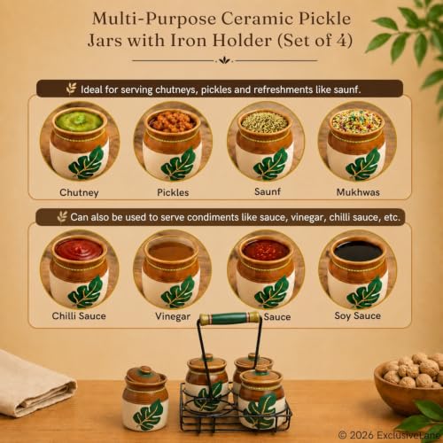 Image 8 of ExclusiveLane Shades of a Leaf Ceramic Pickle Jars with Iron Holder