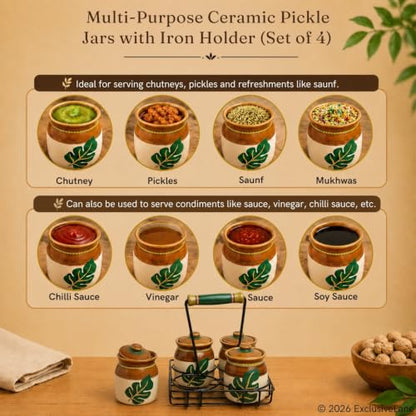 Image 8 of ExclusiveLane Shades of a Leaf Ceramic Pickle Jars with Iron Holder