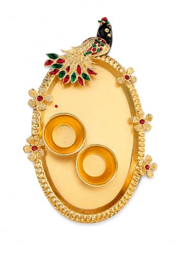 Image 1 of Default Title for the product Peacock Pooja Thali With Diya Holders, 15X10 Cm