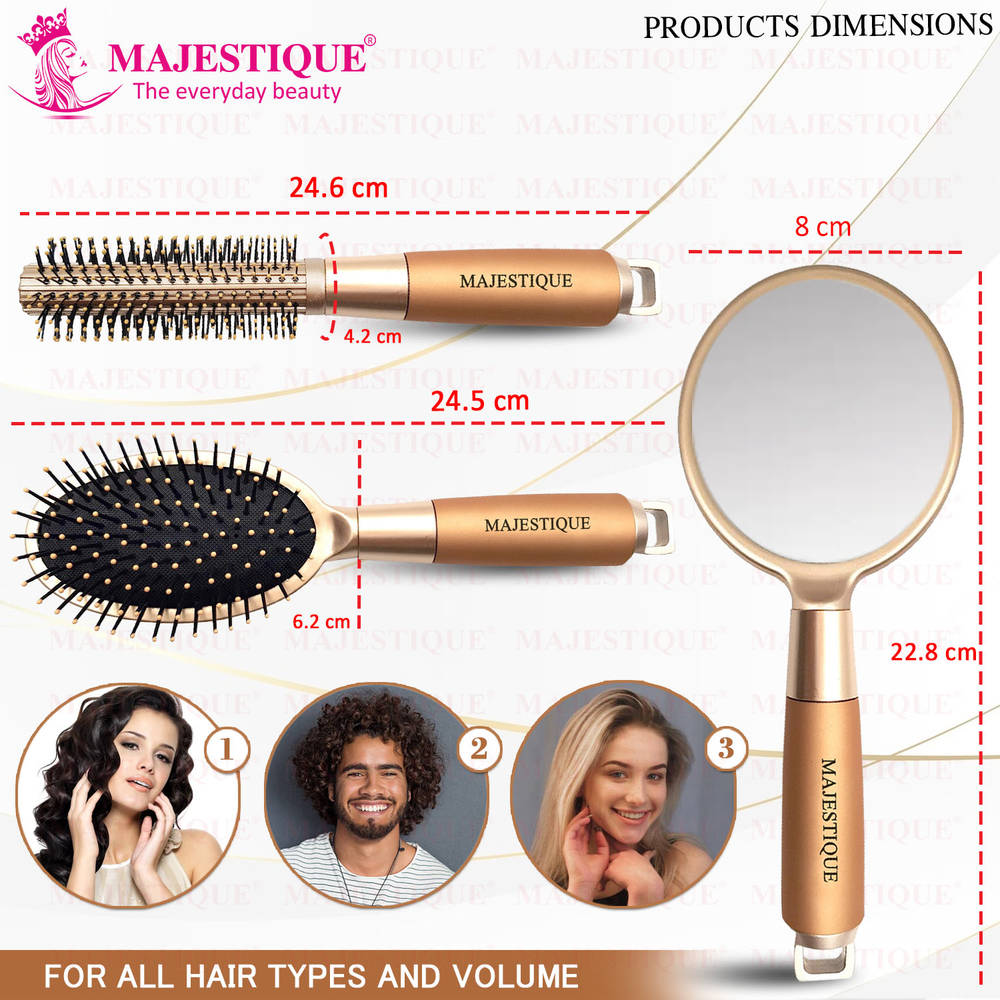 Image 2 of Majestique Golden Set Of Round And Oval Cushion Hair Brushes With Mirror