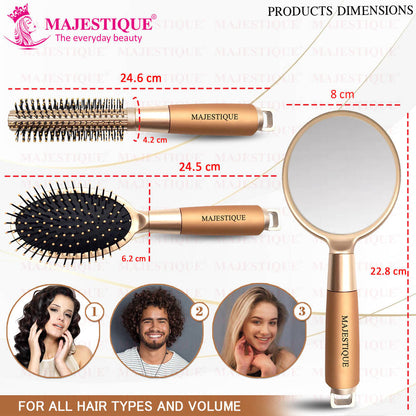 Image 2 of Majestique Golden Set Of Round And Oval Cushion Hair Brushes With Mirror