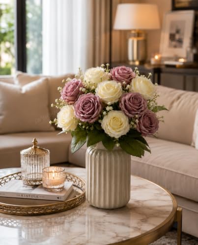 Image 5 of Divyakosh Artificial Rose Flower Bouquet, 10 Roses (5 Dusty Mauve & 5 Ivory White) with Green Leave, Faux Floral Arrangement for Living Room, Bedroom, Office, Wedding & Home Decor (Vase Not Included)