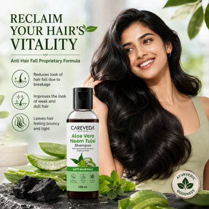 Image 2 of CareVeda Aloe Vera Neem Tulsi Shampoo with Activated Charcoal & Grapes - Anti Hair Fall