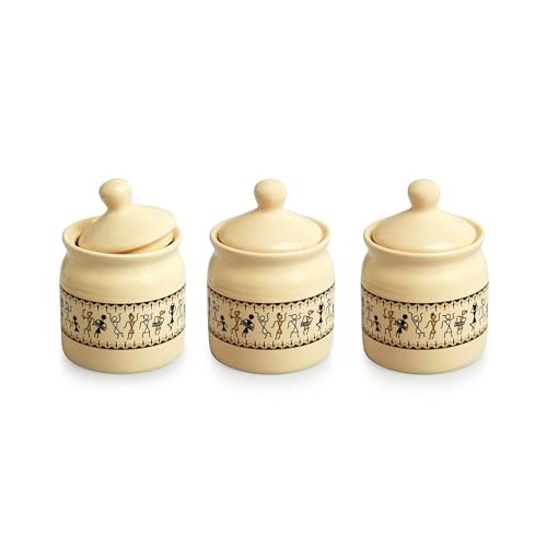 Image 3 of ExclusiveLane Art Of Warli Ceramic Pickle Jars With Wooden Holder Set of 3, 280 ml