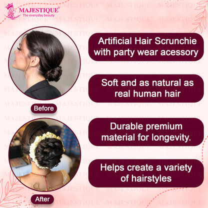 Image 4 of Majestique White Mogra Artificial Flower Gajra & Funky Messy Bun Scrunchies Combo