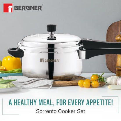 Image 4 of BERGNER Sorrento Stainless Steel Outer Lid Pressure Cooker Combo - 5 Liters Cooker, 2 Litres and 3 Litres Cooker with a Common Lid