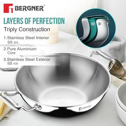 Image 12 of BERGNER Argent Triply Deep Kadai with Stainless Steel Lid