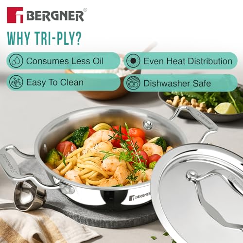 Image 5 of BERGNER Argent Junior Chef Triply Kadai with Stainless Steel Lid, 18cm (1.5 L)