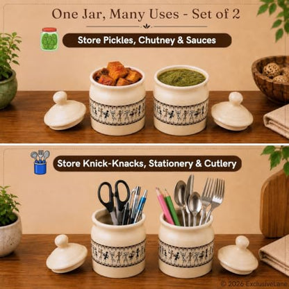 Image 4 of ExclusiveLane Art Of Warli Ceramic Pickle Jars for Dining Table (Set of 2, 280 ml)