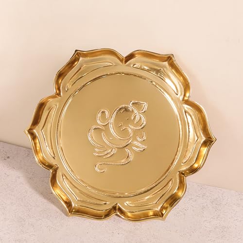 Image 7 of ALCU Pooja Thali for Diwali & Navratri Lotus Design Embose Decorative Puja Plate Golden