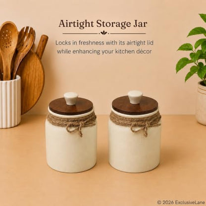 Image 5 of ExclusiveLane Vintage Ivory Multi Utility Storage Ceramic Jars with Wooden Lid Set of 2 410 ml