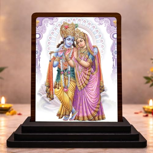 Image 1 of Default Title for the product HD Printed Radha Krishna Wooden Idol 4x5 Inch Royal Darshan Spiritual Showpiece