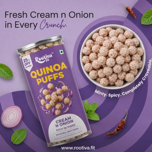 Image 6 of ROOTIVAFIT Quinoa Puffs Cream & Onion Flavour, 80 g, Pack of 2