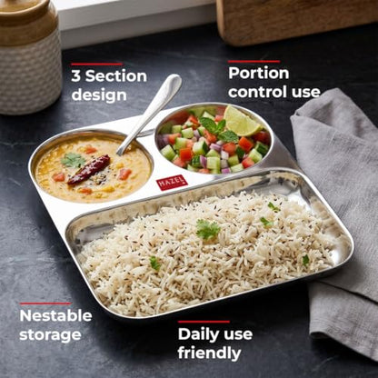 Image 4 of HAZEL 3 in 1 Plate Stainless Steel Pav Bhaji Plate Set of 2 Mess Tray