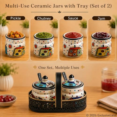 Image 3 of ExclusiveLane The Hut Ceramic Pickle Jars with Spoons & Iron Holder Set of 2 280 ml