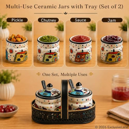 Image 3 of ExclusiveLane The Hut Ceramic Pickle Jars with Spoons & Iron Holder Set of 2 280 ml