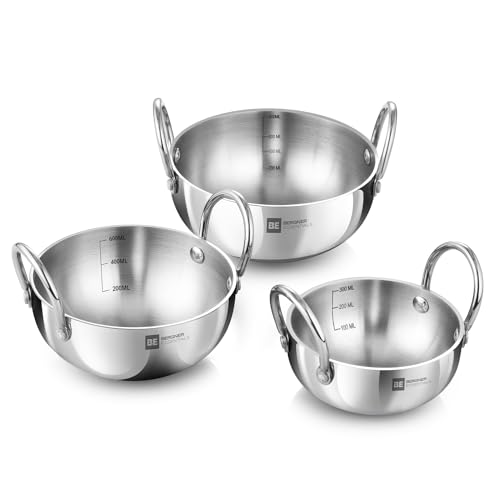 Image 1 of Default Title for the product BERGNER BE Essentials Tri-Ply Stainless Steel Junior Kadai Set of 3 Pcs with Sizes 10 cm (500ml), 12cm (600ml), 14cm (800ml)