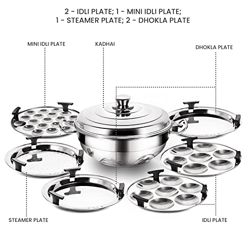 Image 3 of MILTON Pro cook Induction Cookware & Gas Stove Friendly Stainless Steel Idli Cooker 6 Plates | 2 Regular Idli Plates | 1 Mini Idli Plate | 1 Steamer Plate | 2 Dhokla Plates | Multi Kadai Idali Maker