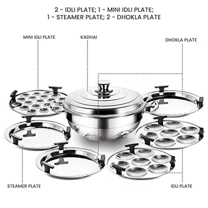 Image 3 of MILTON Pro cook Induction Cookware & Gas Stove Friendly Stainless Steel Idli Cooker 6 Plates | 2 Regular Idli Plates | 1 Mini Idli Plate | 1 Steamer Plate | 2 Dhokla Plates | Multi Kadai Idali Maker